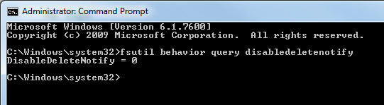 Checking the state of the TRIM command support  inside the windows command prompt