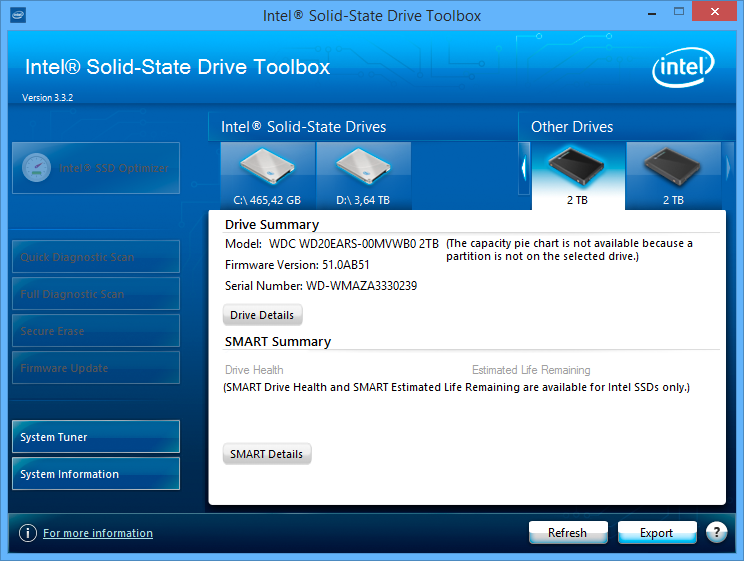 screenshot of Intel SSD Drive Toolbox